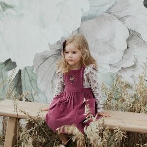 NEW Jamie Kay Mabel Deep Plum Corduroy Floral Embroidered Pinafore Dress 5Y